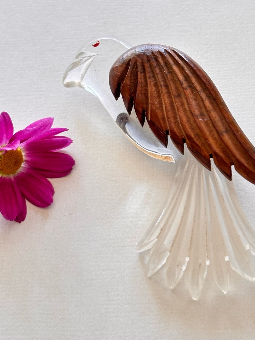 Clear Lucite and Brown Wood Wing Bird Brooch - Women's Jewelry